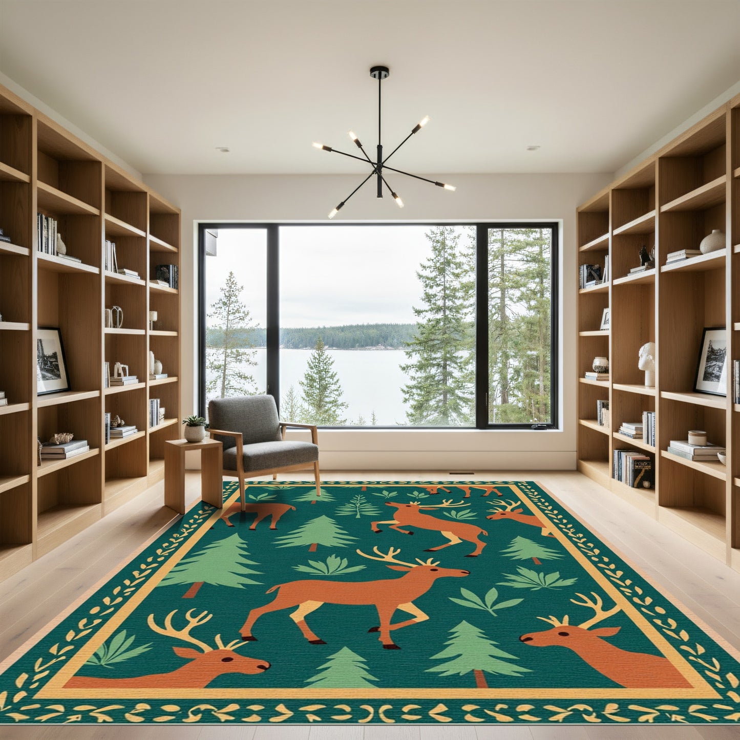 Woodland Deer And Pine Forest Scene Rug