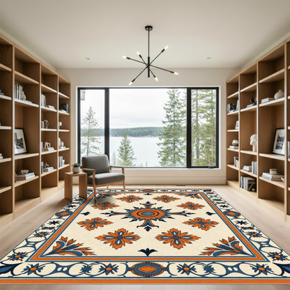Orange Blue Floral Intricate Border Rug