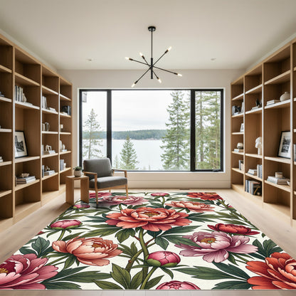 Elegant Peony Floral Botanical Blush Rug