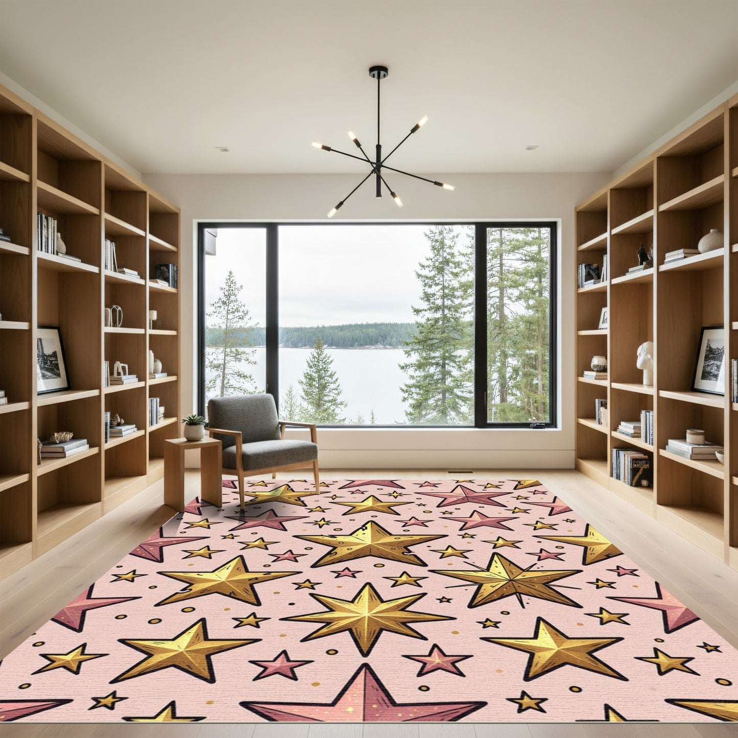 Whimsical Golden Starry Pink Sky Rug