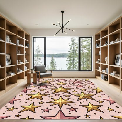Whimsical Golden Starry Pink Sky Rug