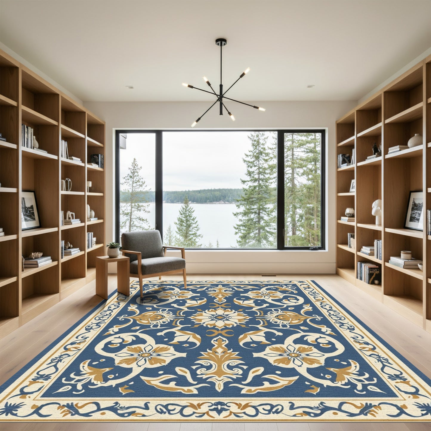 Ornate Indigo Cream Botanical Arabesque Rug
