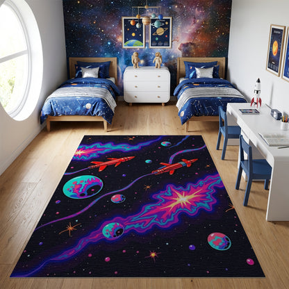 Retro Red Rockets Cosmic Nebulae Rug
