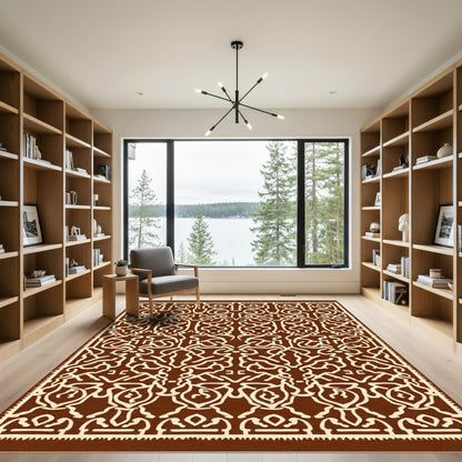 Rich Brown Curving Interlocking Paisley Rug