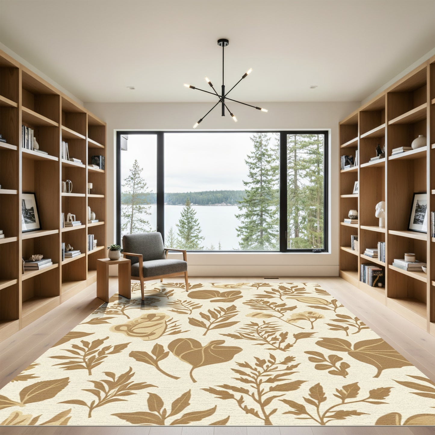 Neutral Earthy Botanical Leaf Arrangement Rug