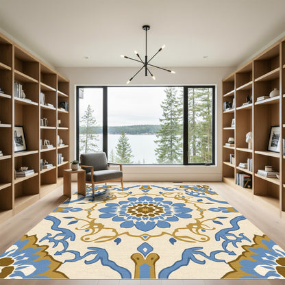 Blue Gold Floral Medallion Harmony Rug