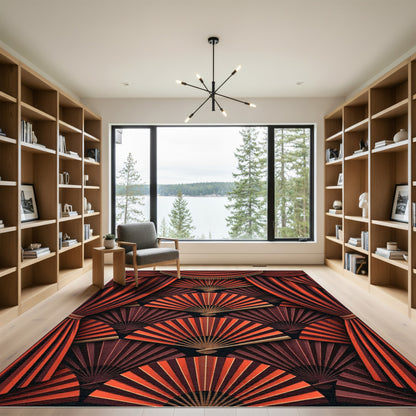 Crimson and Umber Fan Mandala Rug