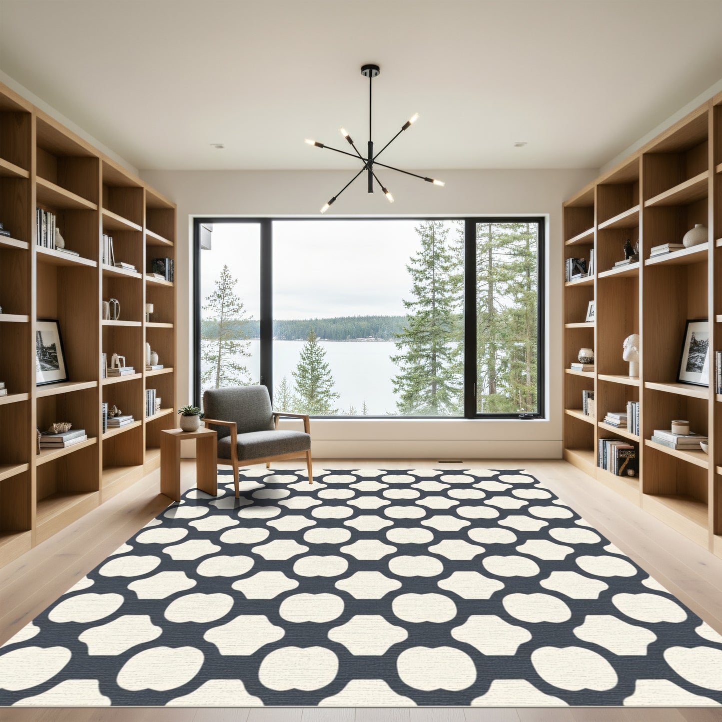 Cream Blue Interlocking Geometric Lattice Rug