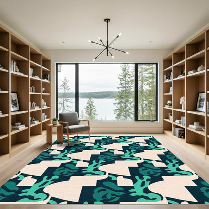 Deep Teal Abstract Organic Shapes Rug