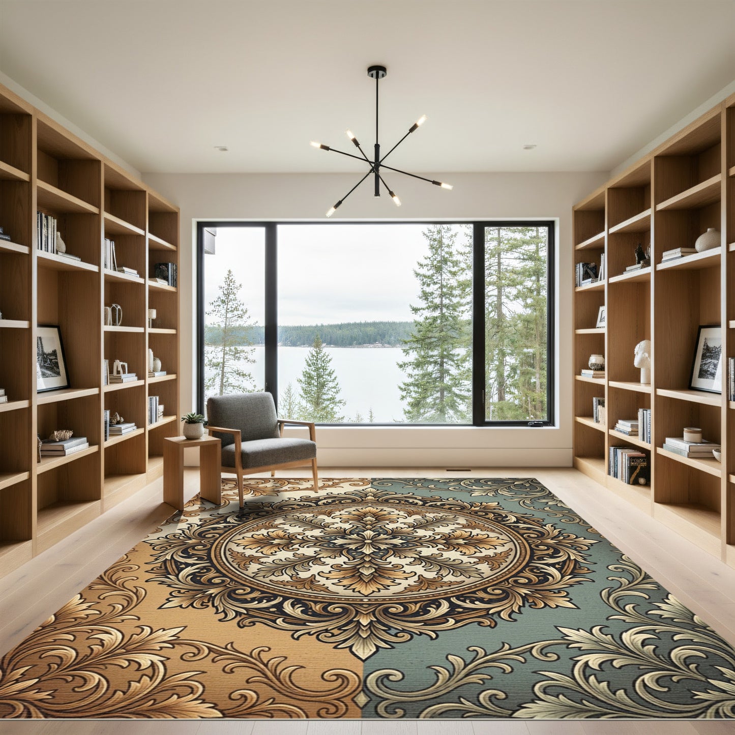 Elegant Gold and Teal Acanthus Medallion Rug
