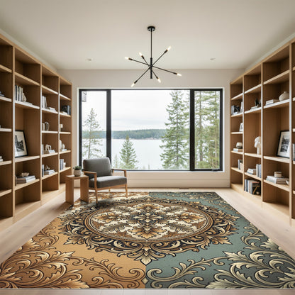 Elegant Gold and Teal Acanthus Medallion Rug