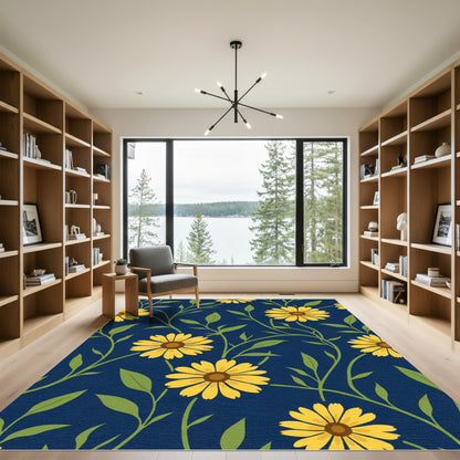 Golden Sunflower Vine Dark Blue Rug