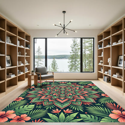 Lush Tropical Jungle Hibiscus Mandala Rug