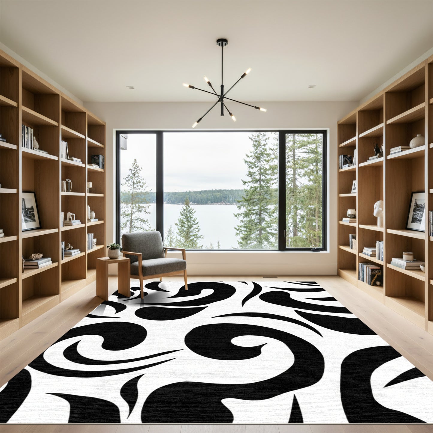 Bold Black Swirl Abstract Statement Rug