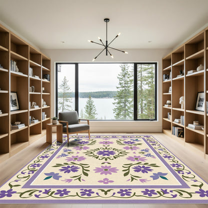 Lilac Purple Floral Medallion Border Rug