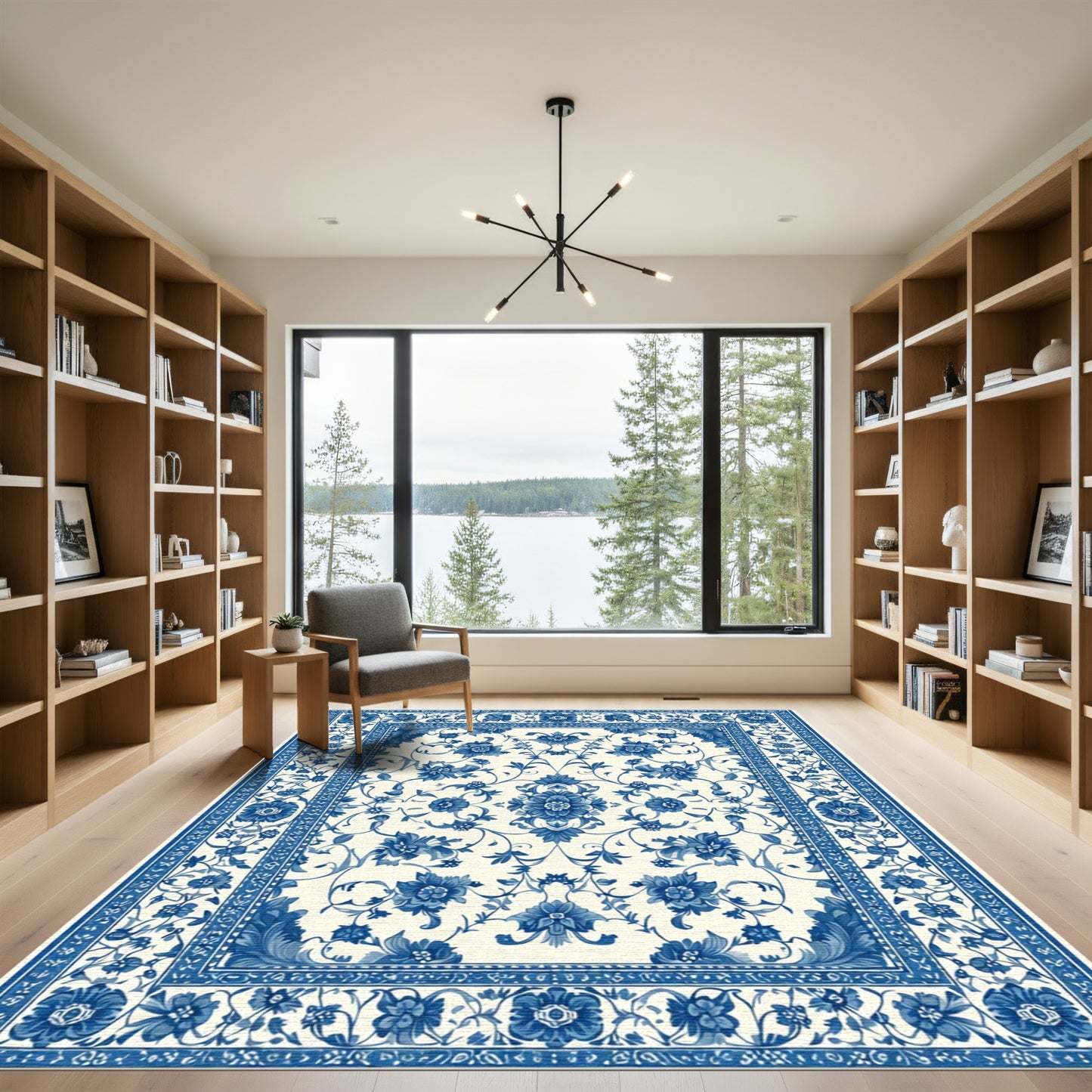 Blue White Floral Scrollwork Damask Rug