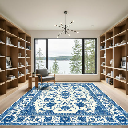 Blue White Floral Scrollwork Damask Rug