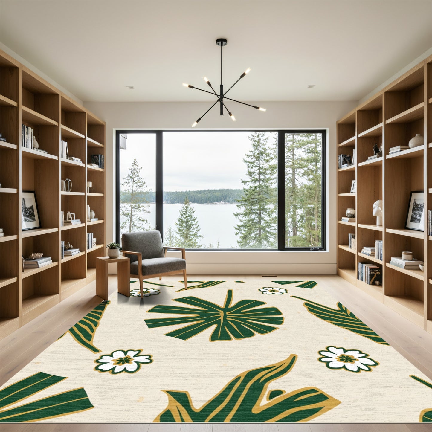 Emerald Leaf White Flower Medley Rug
