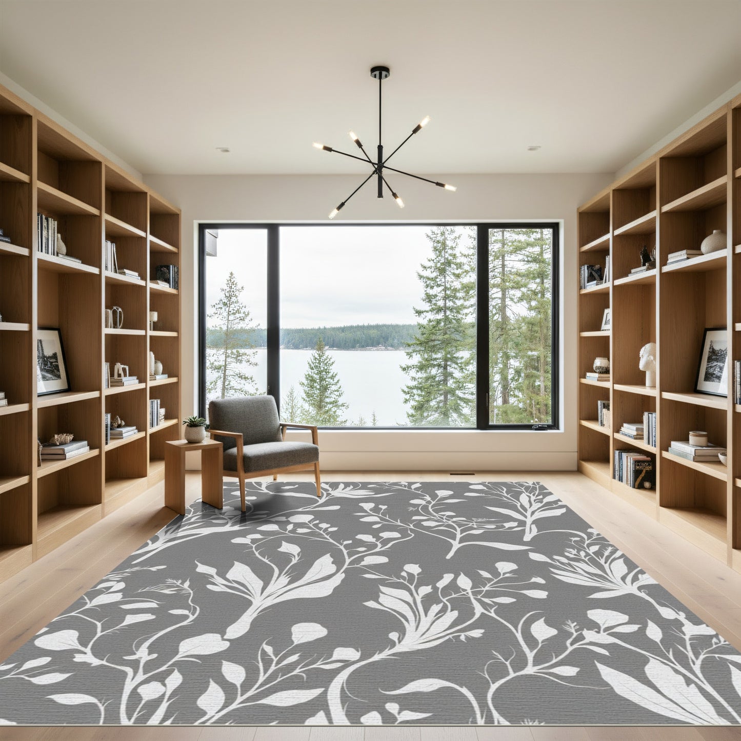 Modern Gray White Botanical Vine Rug
