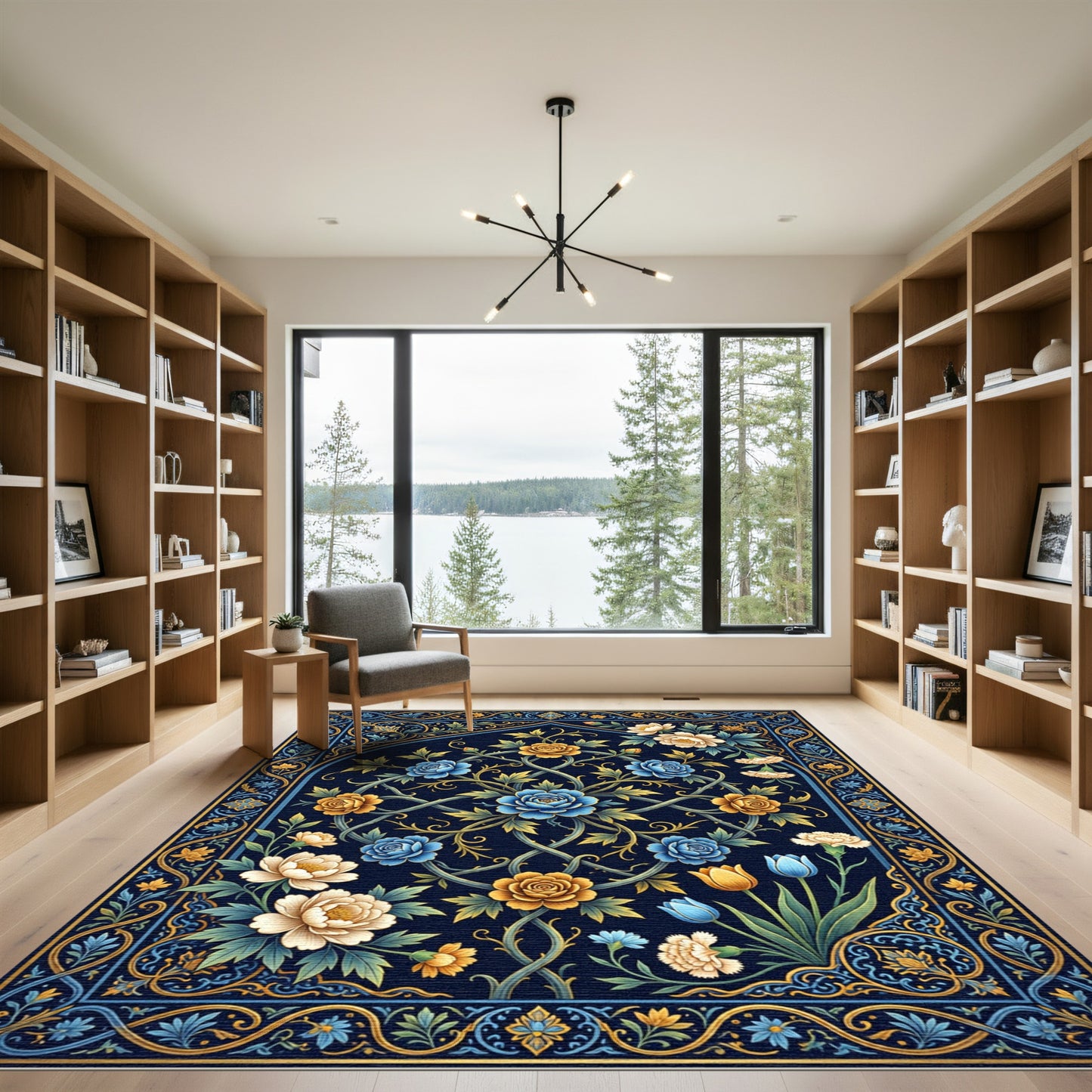 Deep Blue Floral Garden Arch Rug