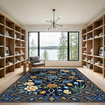 Deep Blue Floral Garden Arch Rug