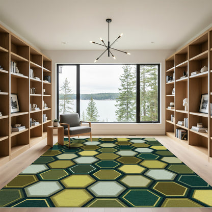 Modern Olive Gold Geometric Honeycomb Rug