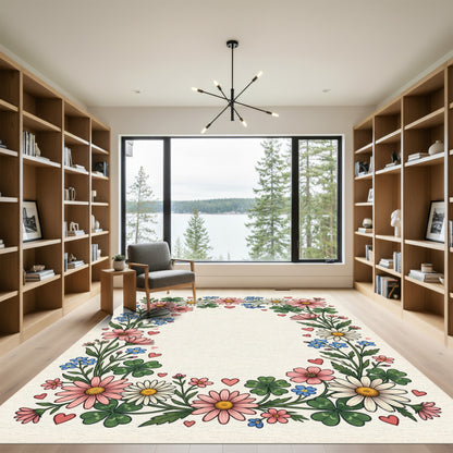 Sweet Pink Daisy Clover Hearts Border Rug
