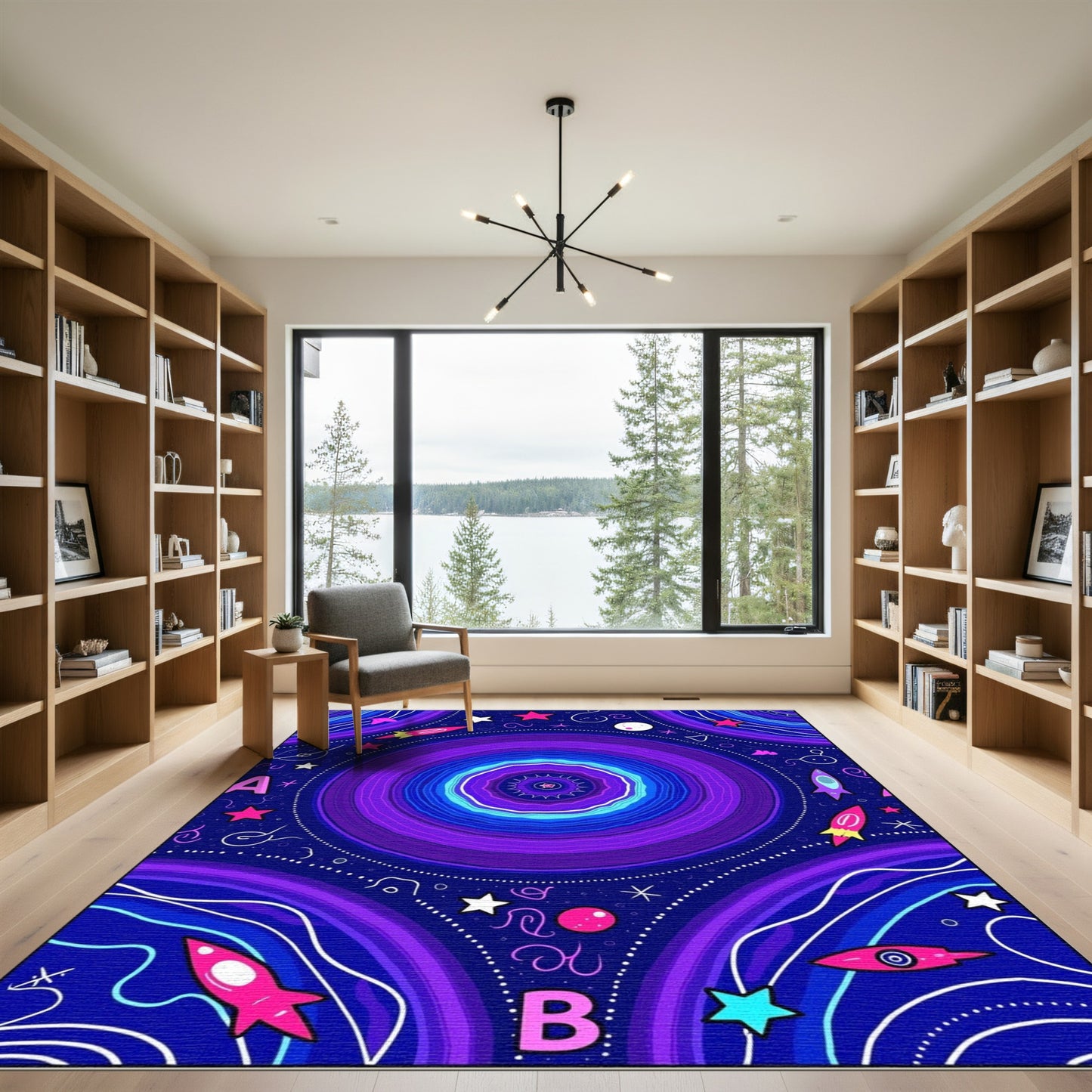 Cosmic Purple Starry Rocket Swirl Rug
