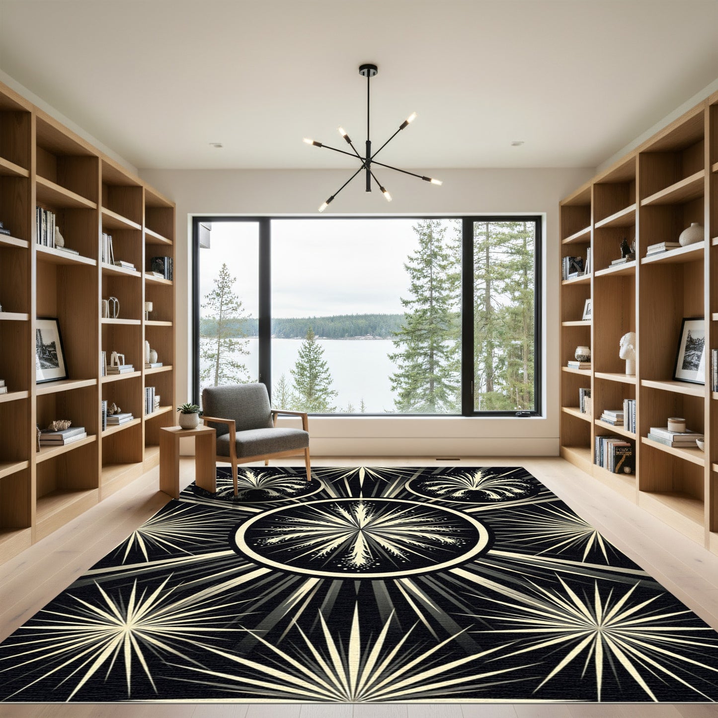 Black And Cream Burst Sunburst Rug