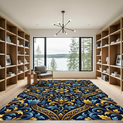 Ornate Golden Blue Floral Damask Rug