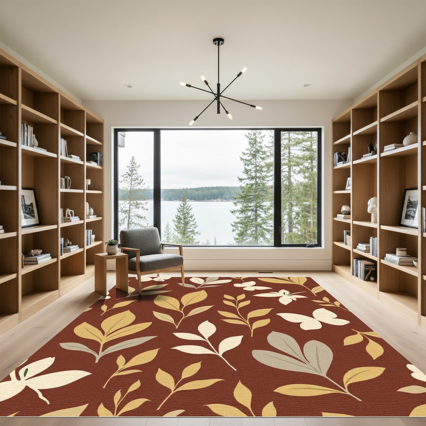Earthy Brown Botanical Butterfly Accents Rug