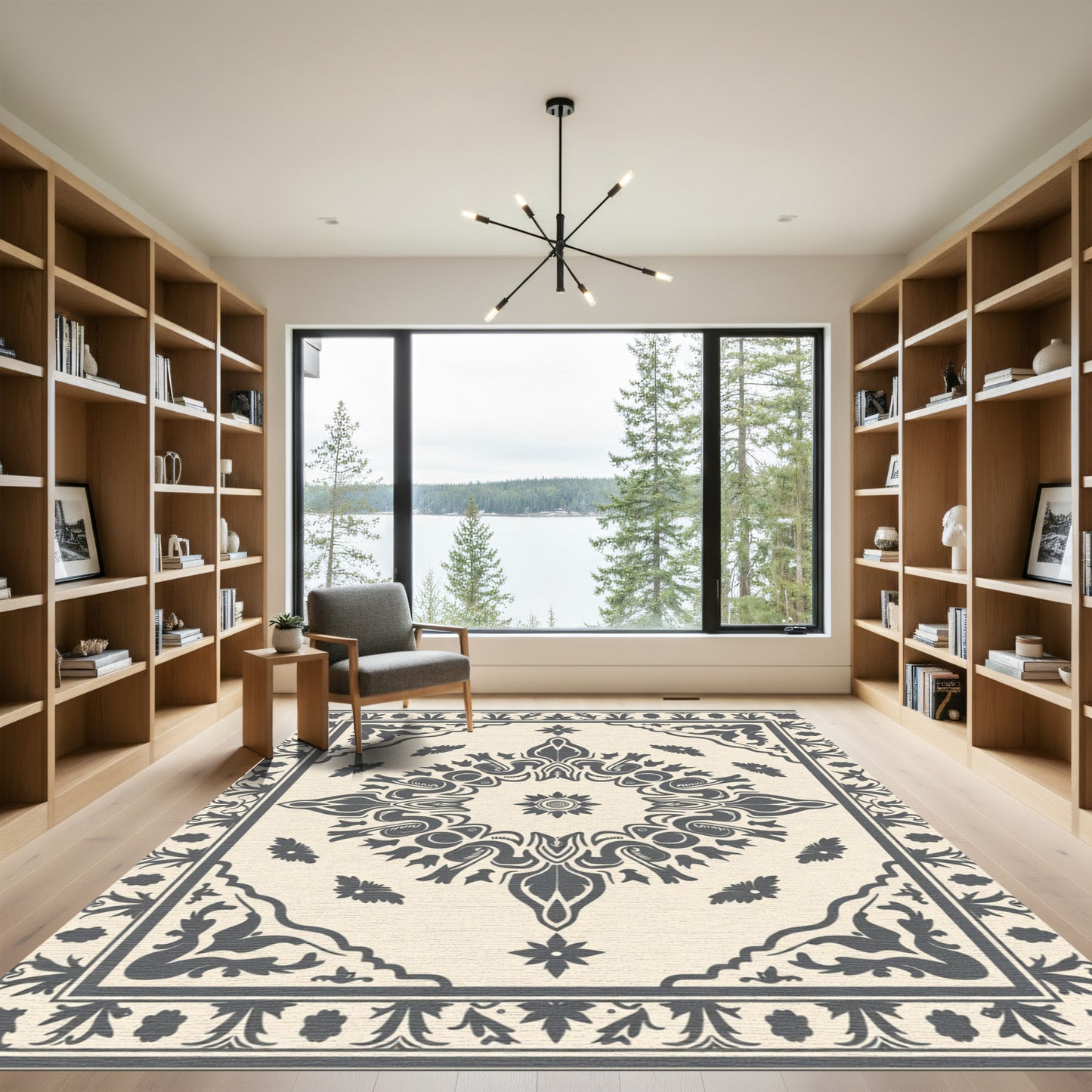 Cream Dark Gray Floral Medallion Rug