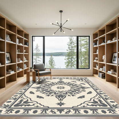 Cream Dark Gray Floral Medallion Rug