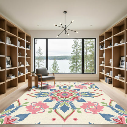 Pink Blue Floral Medallion Ivory Rug