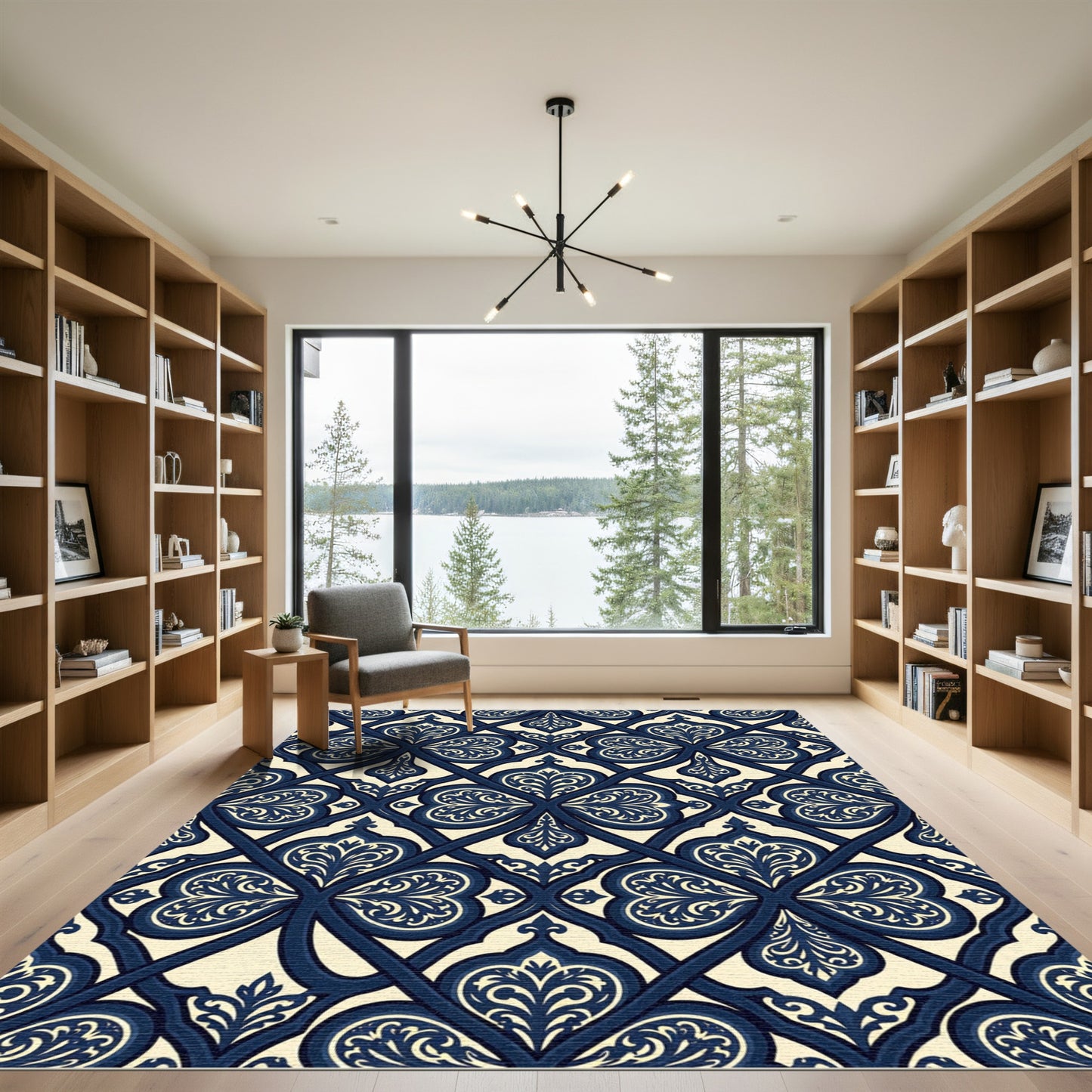 Elegant Navy Cream Damask Lattice Rug
