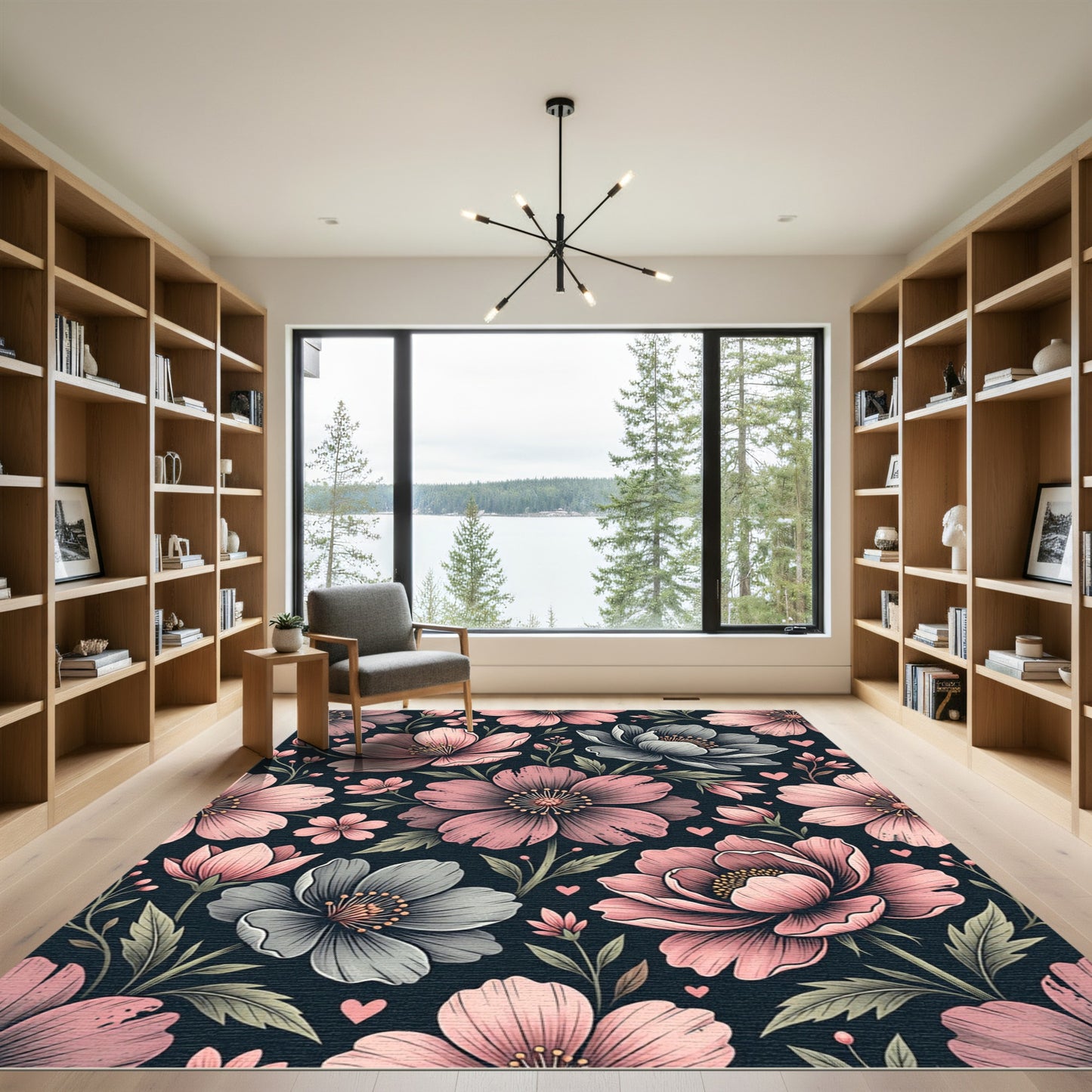 Botanical Pink and Gray Floral Garden Rug