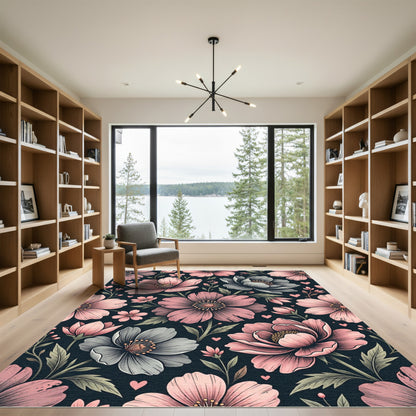 Botanical Pink and Gray Floral Garden Rug
