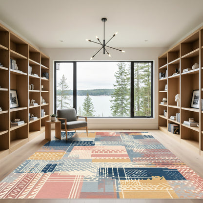 Patchwork Abstract Terra Cotta Blue Rug