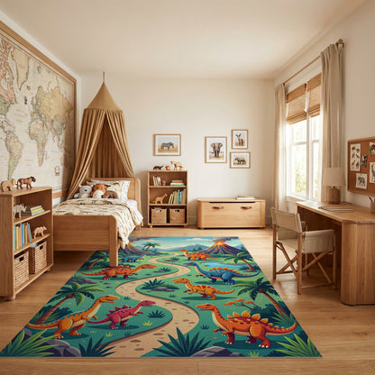 Bright Dino Trail Erupting Volcanoes Rug