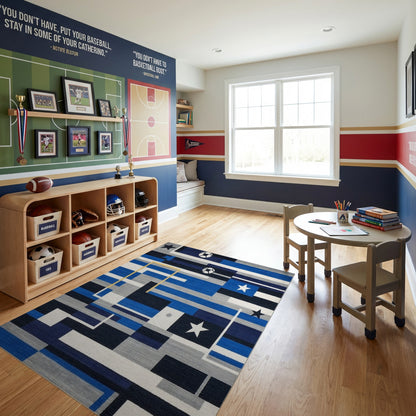 Navy Soccer Ball Star Geometric Rug