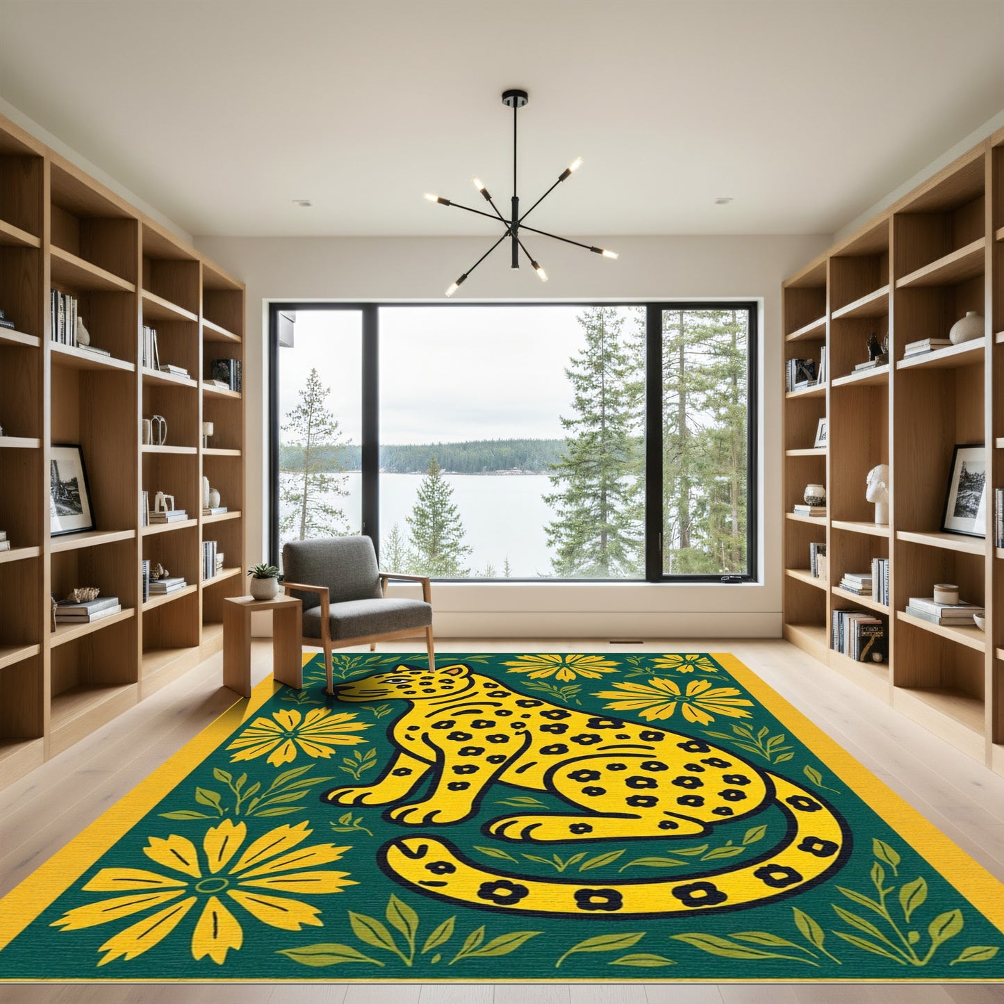 Yellow Jaguar Floral Green Field Rug
