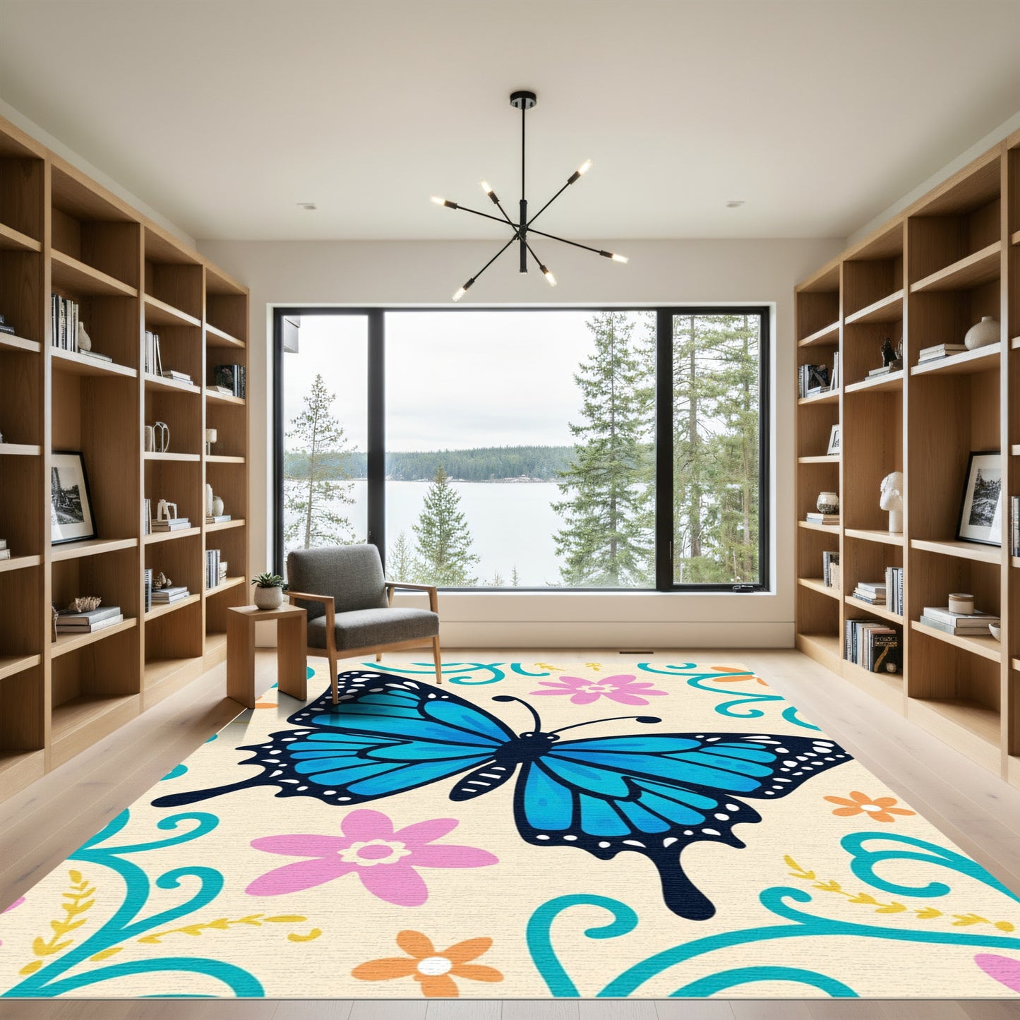 Whimsical Blue Butterfly Floral Swirls Rug