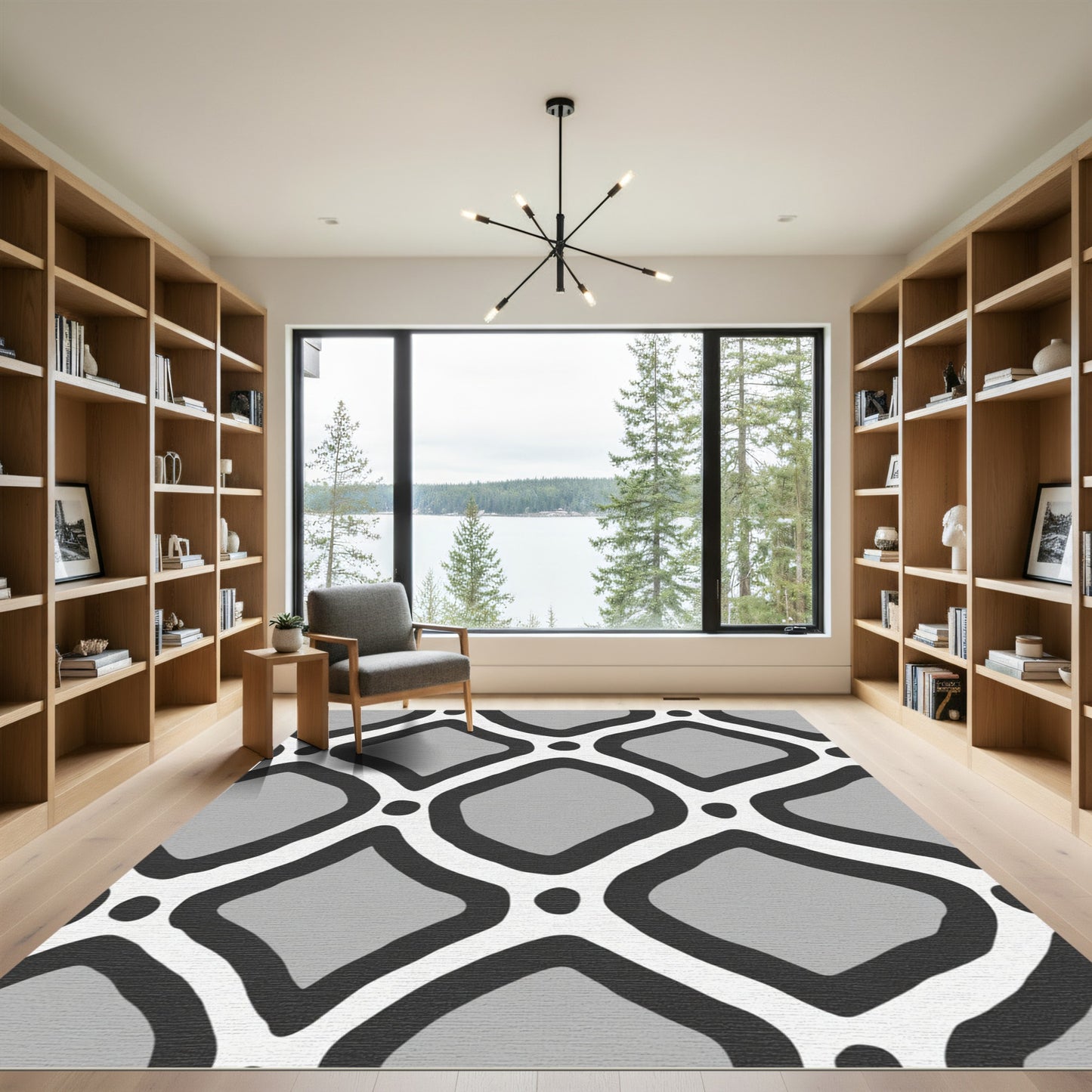 Gray White Black Lattice Geometric Rug