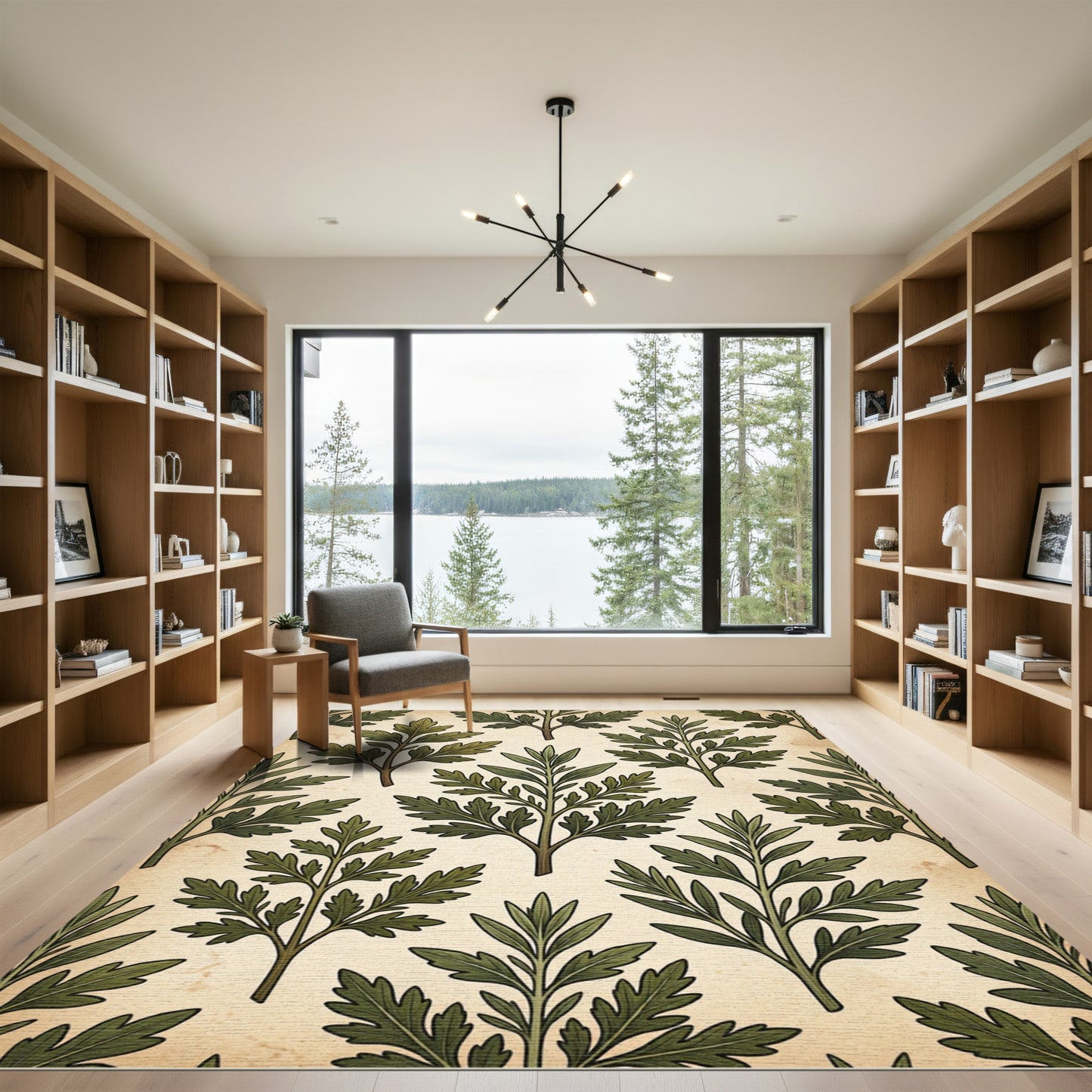 Earthy Green Fern Leaf Arrangement Rug