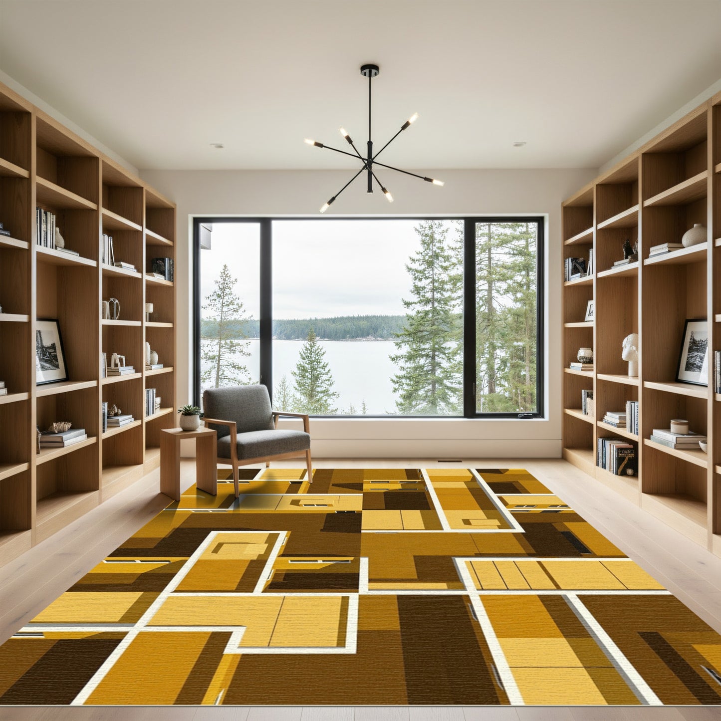 Modern Gold Geometric Architectural Grid Rug
