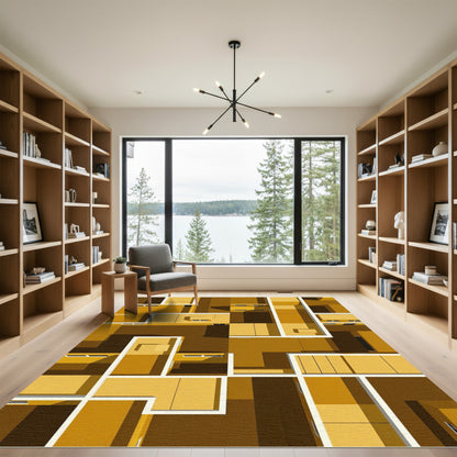 Modern Gold Geometric Architectural Grid Rug