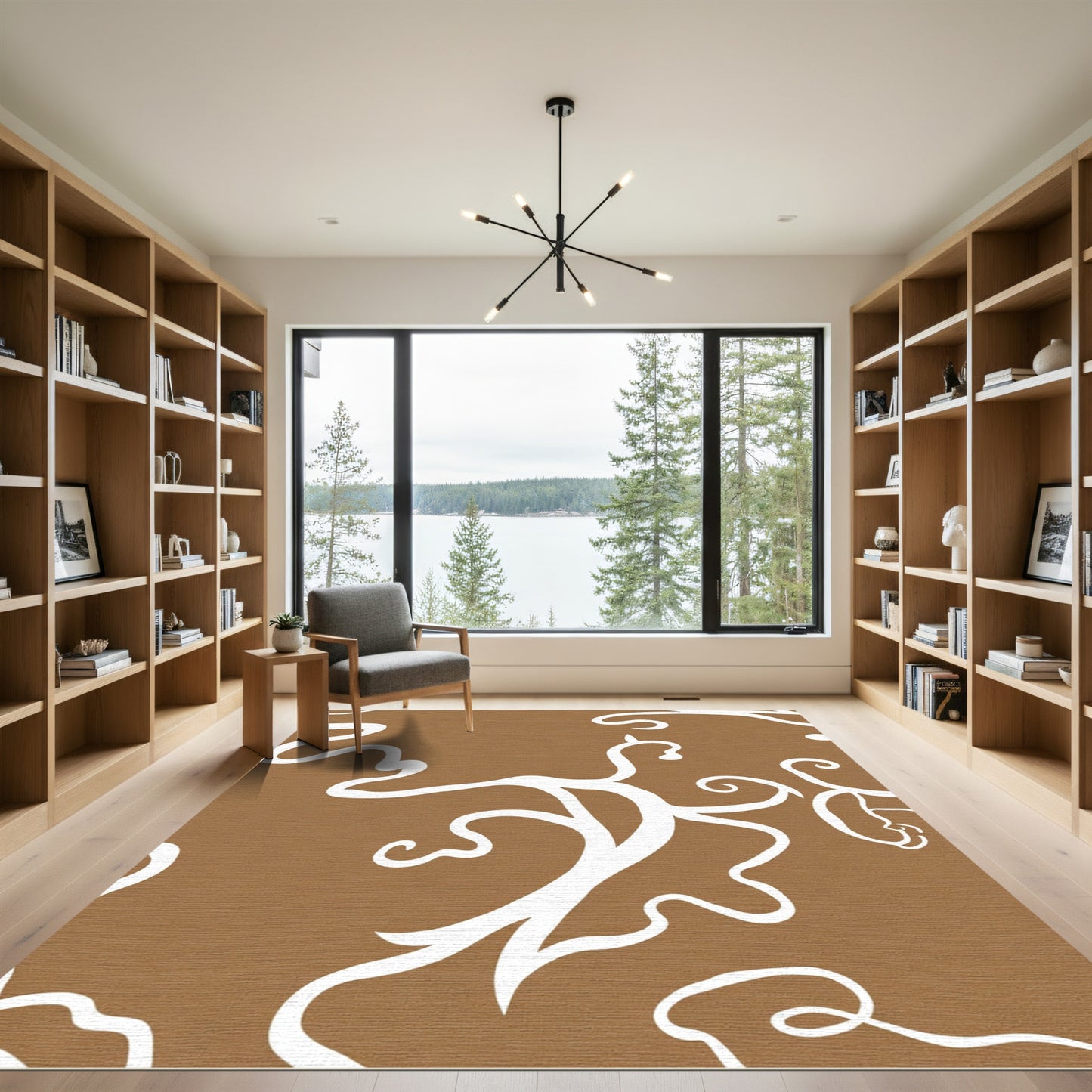Brown White Organic Vine Swirl Rug