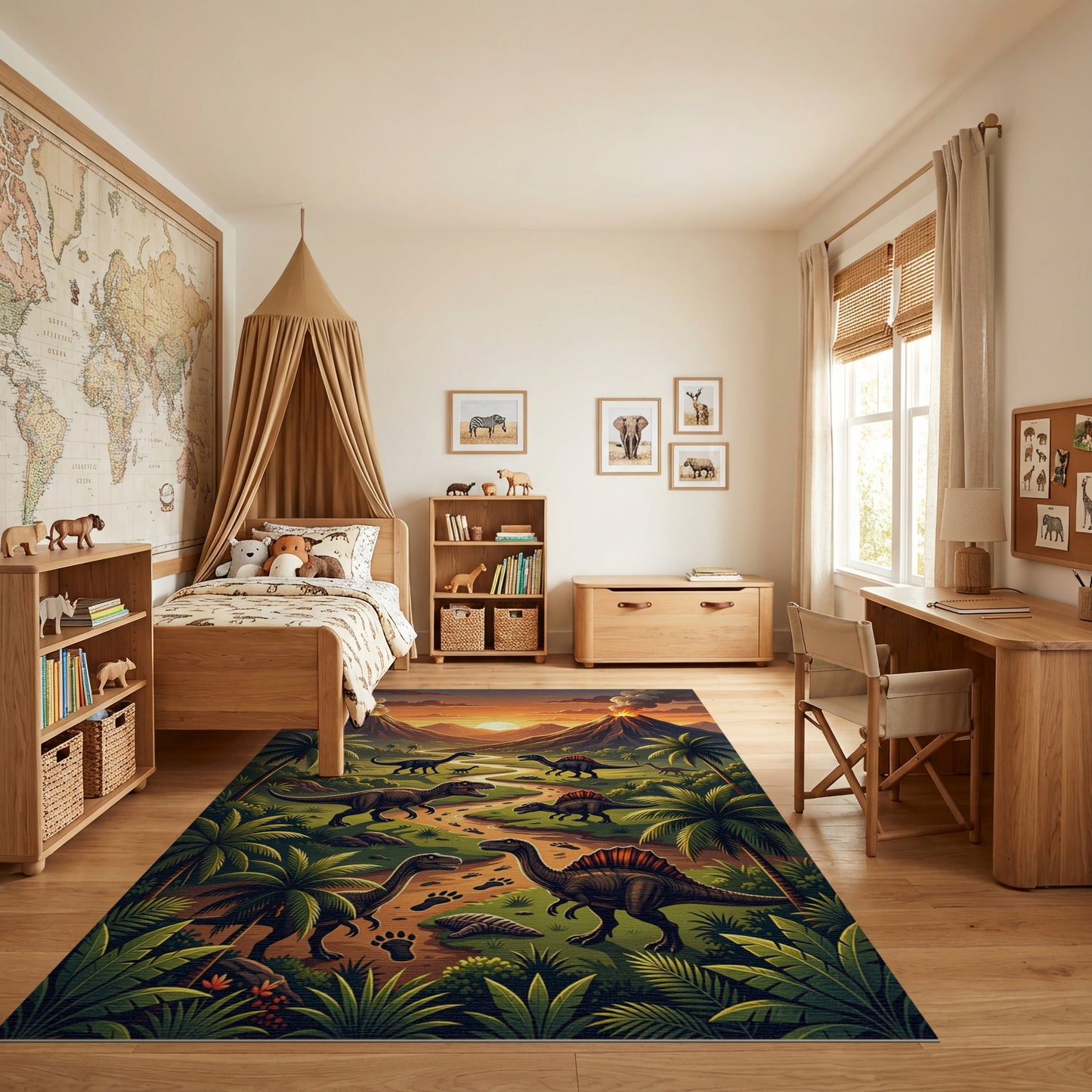 Vibrant Dinosaur Volcano Tropical Sunset Rug