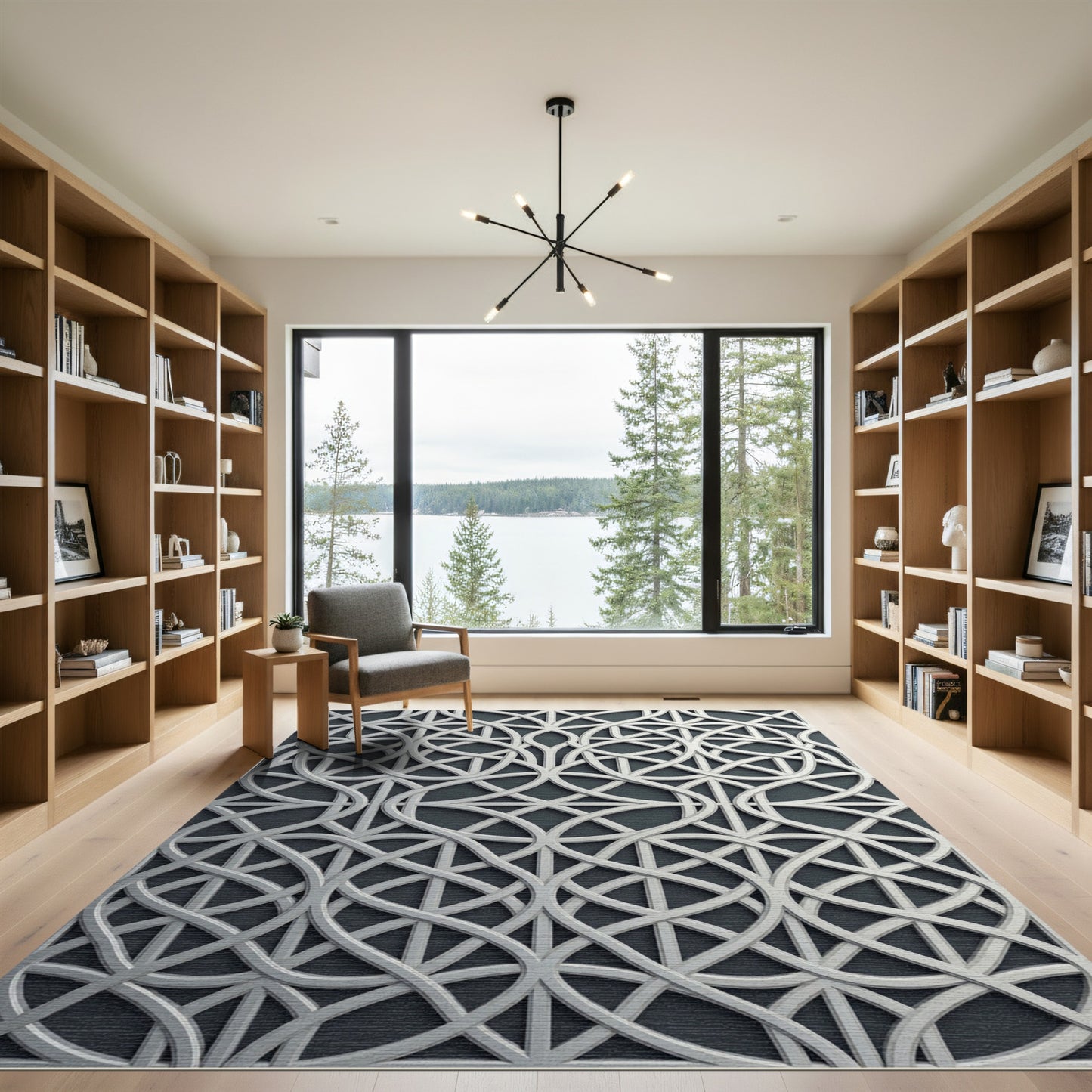 Sophisticated Silver Interlocking Geometric Lattice Rug