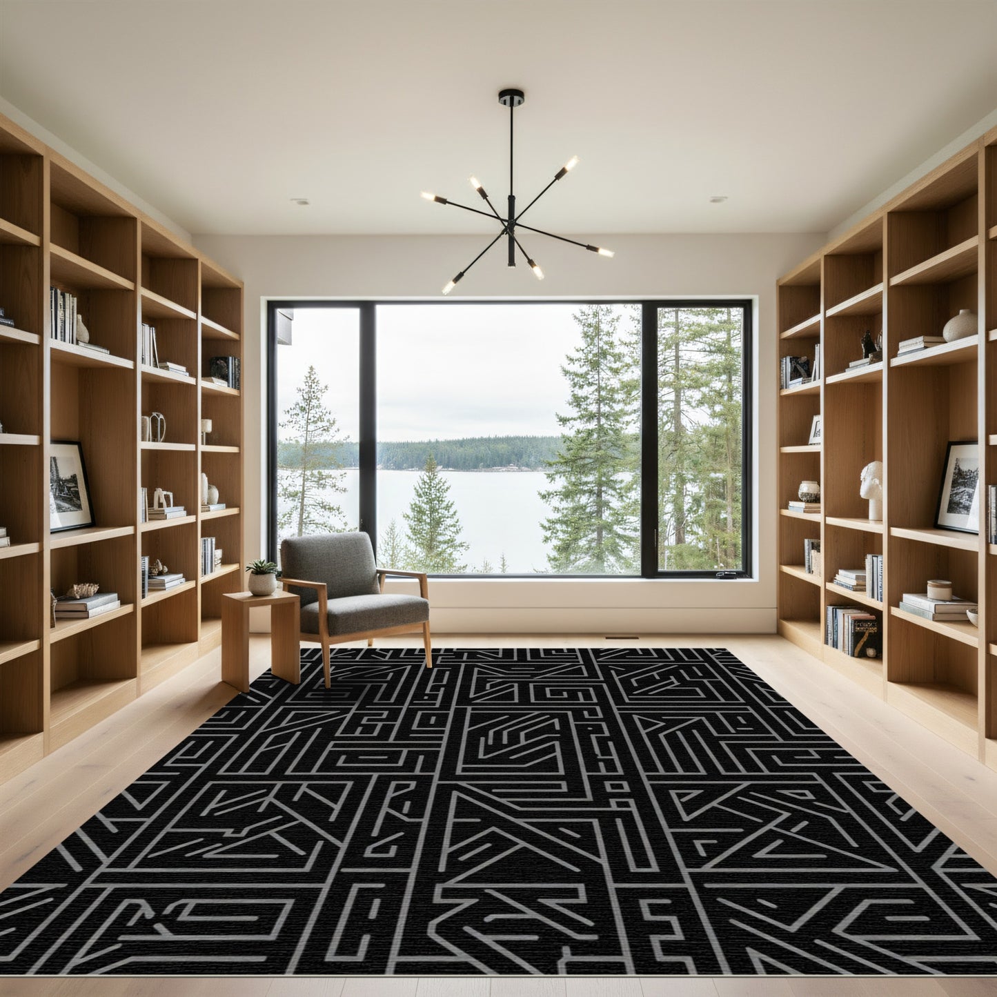 Dark Gray Geometric Maze Design Rug